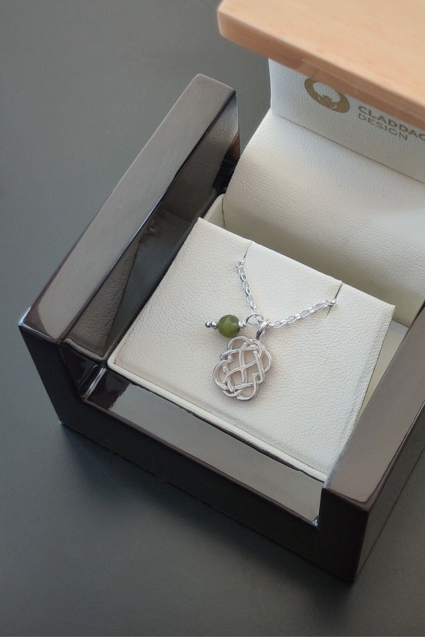 Celtic love knot necklace with connemara marble in box