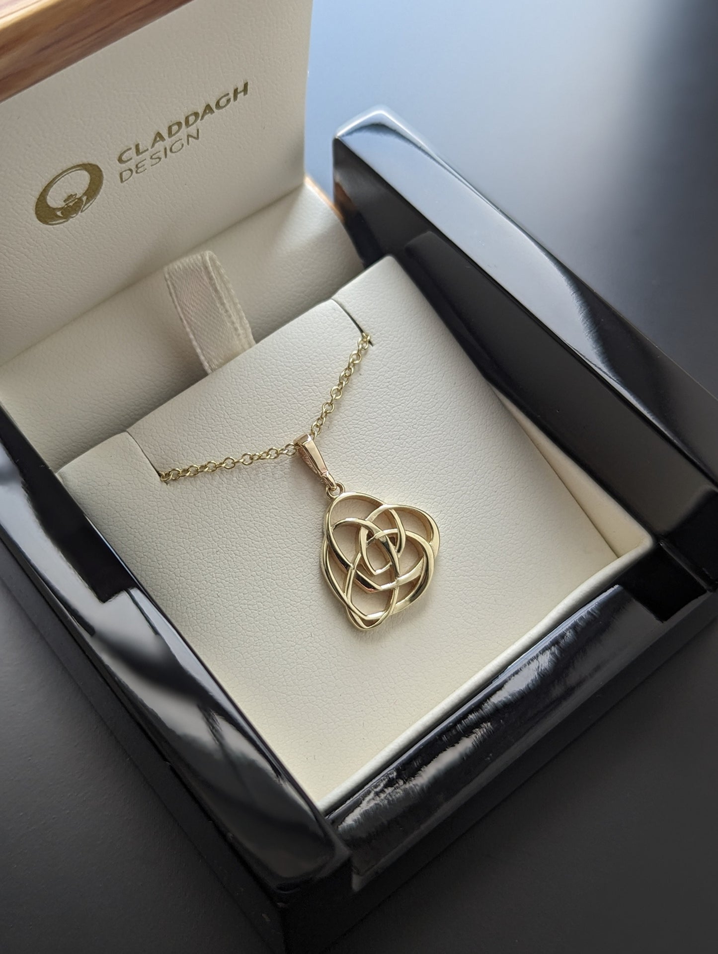 Gold celtic Motherhood Knot Necklace in box