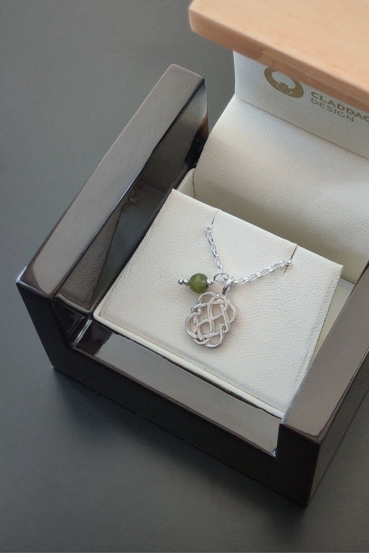 Celtic love knot necklace with connemara marble in box