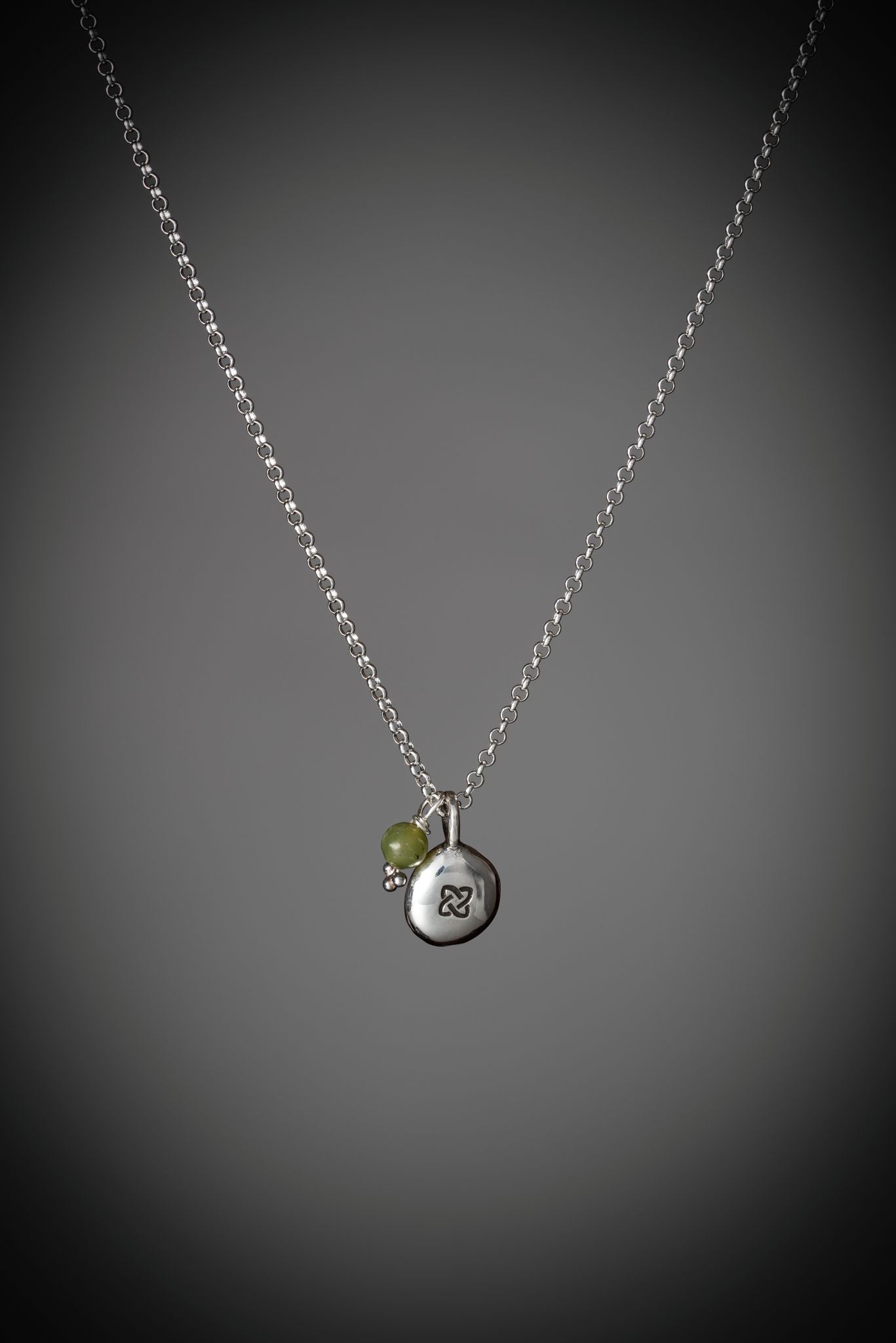 Celtic Shield Knot Pendant necklace in silver with connemara marble charm