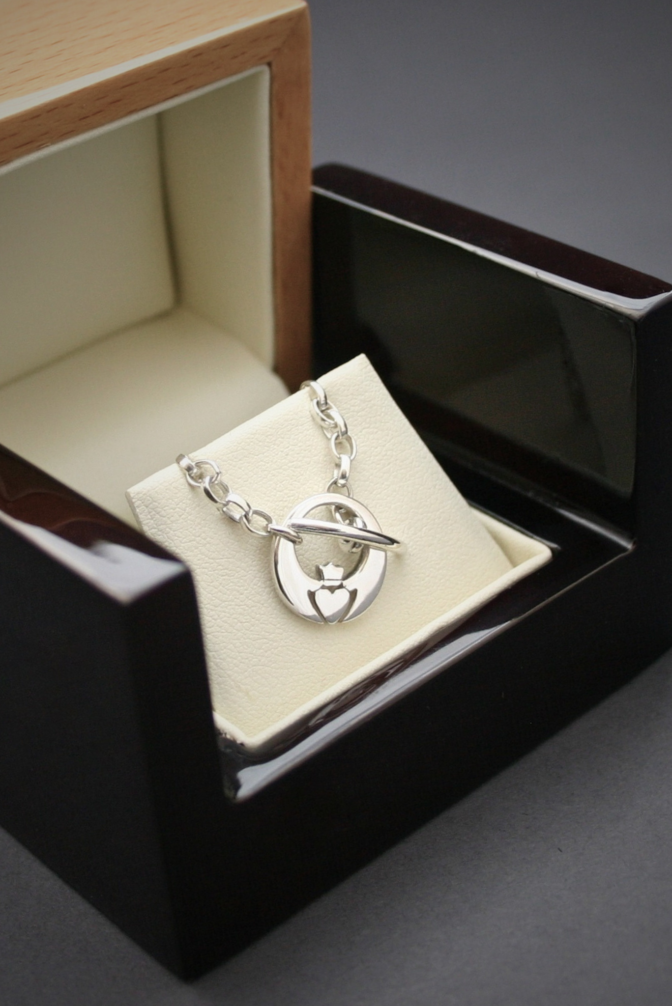 silver claddagh bracelet in box