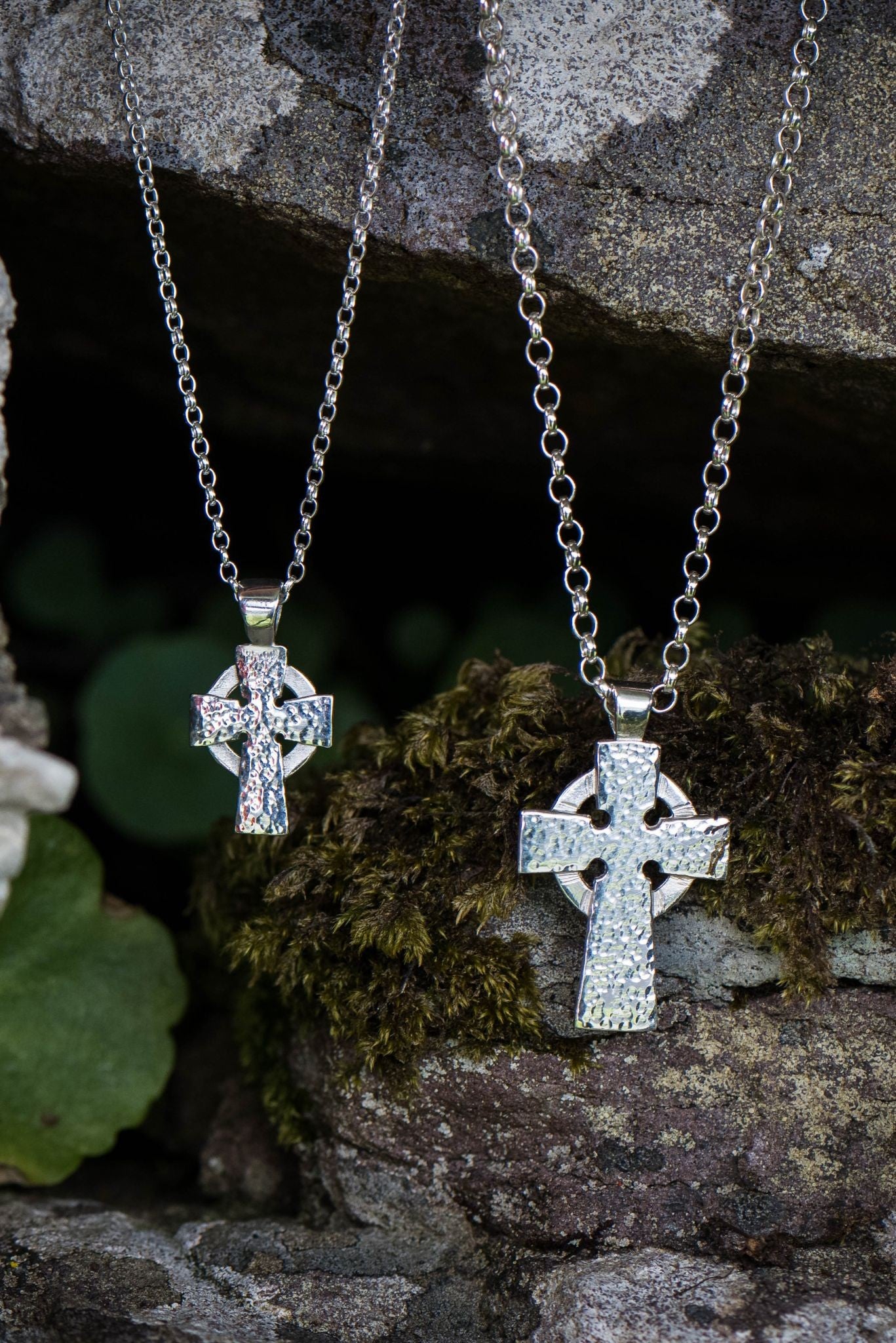 contemporary celtic cross pendant necklace in sterling silver with a weathered hammered finish