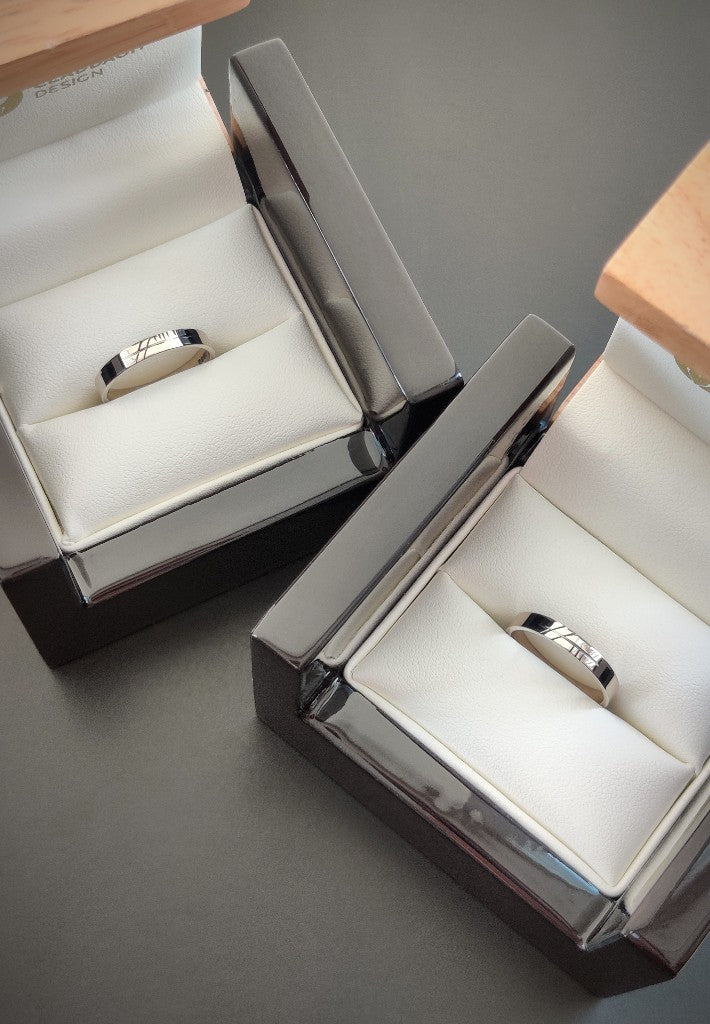 ogham wedding rings in box