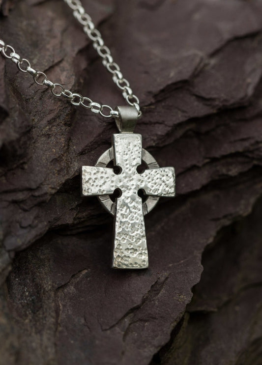 Sterling Silver Contemporary Celtic Cross and chain for men in a hammered finish