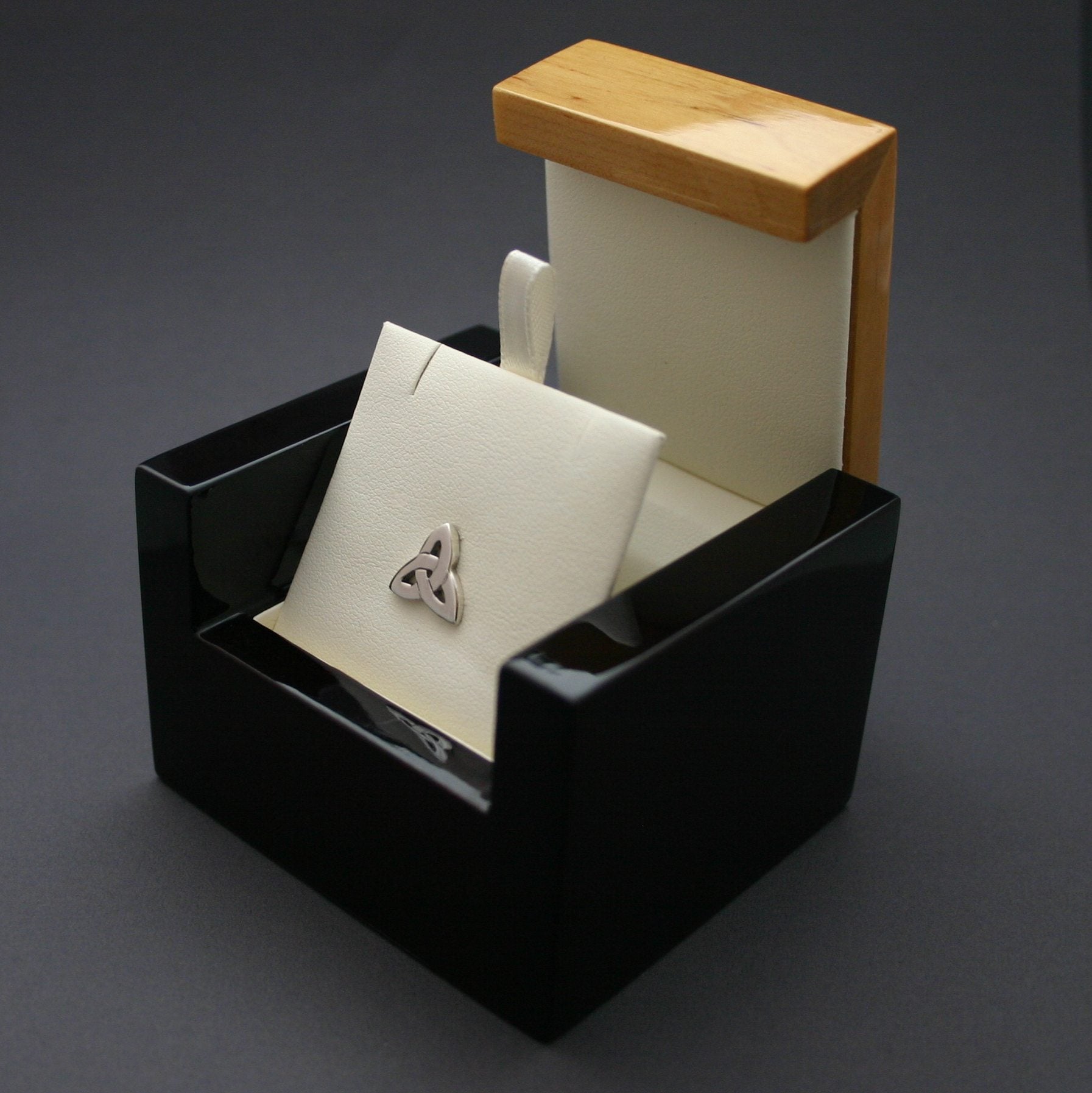 silver trinity knot tie pin in box