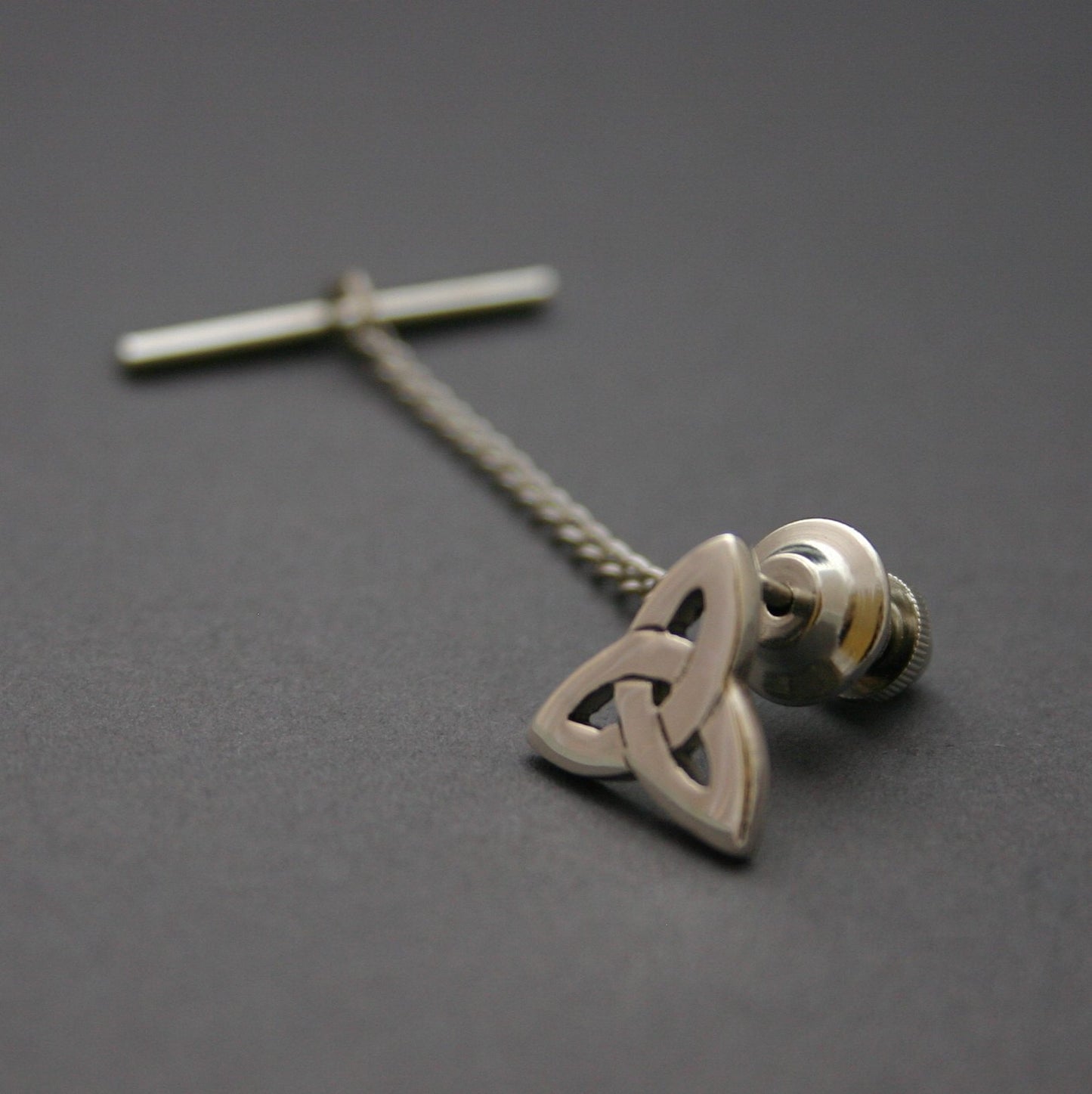 Silver trinity knot tie pin chain and bar